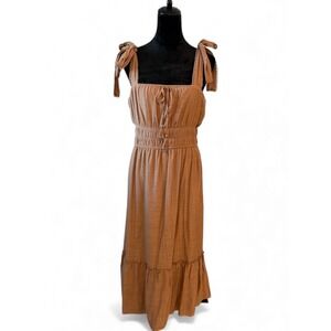 Trixxi Tan Smocked Midi Dress Tie Shoulder Square Neck Casual Women XL